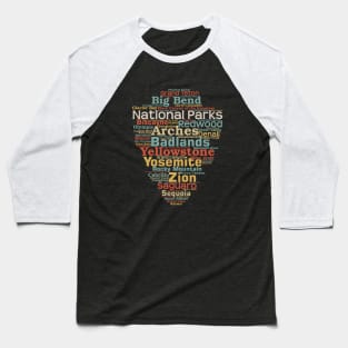 US National Parks Arrowhead Word List Cloud Camping Hiking Retro Baseball T-Shirt